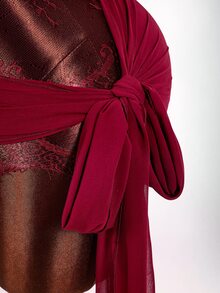 Amplova Women's Burgundy Summer Club Party Night Out Rave Lace Sheer Mini Dress,Plunging Neck Mesh Contrast Floral Trim,Wrap Flared Hem Chiffon New Year Sexy - Burgundy - View 5