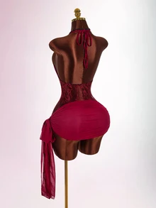 Amplova Women's Burgundy Summer Club Party Night Out Rave Lace Sheer Mini Dress,Plunging Neck Mesh Contrast Floral Trim,Wrap Flared Hem Chiffon New Year Sexy - Burgundy - View 10