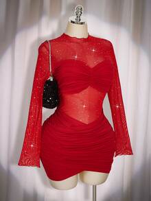 SHEIN ICON 大尺碼女款黑色秋季 70 年代夜生活夜店派對優雅復古 Y2K 現代亮片網紗透視百褶裹身修身長袖晚宴禮服 - 紅色 - 查看 6