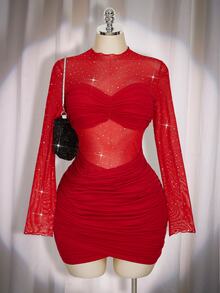 SHEIN ICON 大尺碼女款黑色秋季 70 年代夜生活夜店派對優雅復古 Y2K 現代亮片網紗透視百褶裹身修身長袖晚宴禮服 - 紅色 - 查看 1