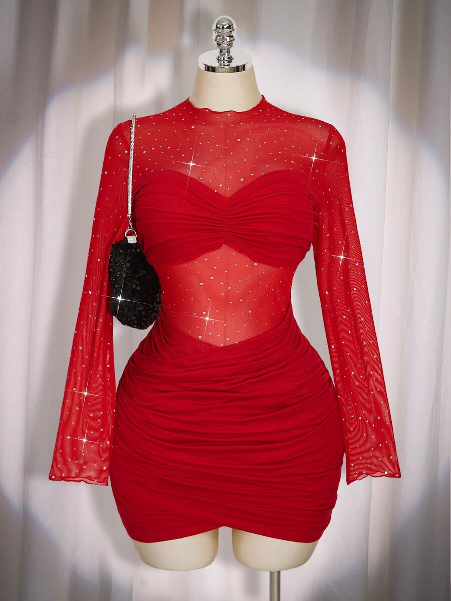SHEIN ICON 大尺碼女款黑色秋季 70 年代夜生活夜店派對優雅復古 Y2K 現代亮片網紗透視百褶裹身修身長袖晚宴禮服 - 紅色 - 查看 1