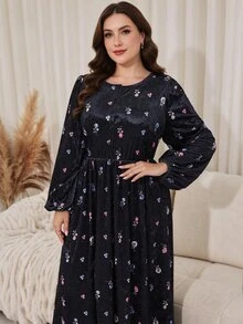 Al Najma Casual Minimalist Velvet Printed Round Neck Lantern Sleeve Loose Regular Fit Spring Autumn Plus Size Women's Arabian Dress - Black - View 1