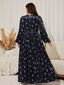 Al Najma Casual Minimalist Velvet Printed Round Neck Lantern Sleeve Loose Regular Fit Spring Autumn Plus Size Women's Arabian Dress - Black - View 2