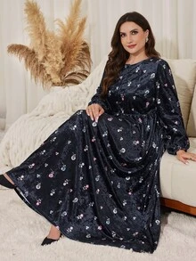 Al Najma Casual Minimalist Velvet Printed Round Neck Lantern Sleeve Loose Regular Fit Spring Autumn Plus Size Women's Arabian Dress - Black - View 3