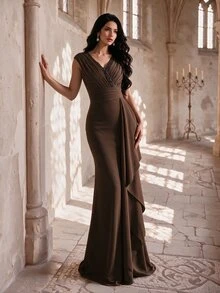 Coutiva Patchwork Sequin Pleated Design Elegant Bride Mother Dress - Brown - View 1