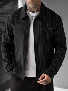 SLATEMANN Jaket Pria Lengan Panjang Hitam Kerah Lipat Bergaris dengan Resleting untuk Musim Gugur/Dingin, Cocok untuk Halloween, Natal, dan Hari Libur Lainnya - Hitam - View 4