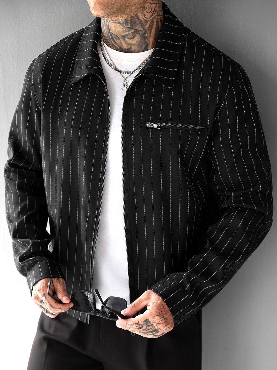SLATEMANN Jaket Pria Lengan Panjang Hitam Kerah Lipat Bergaris dengan Resleting untuk Musim Gugur/Dingin, Cocok untuk Halloween, Natal, dan Hari Libur Lainnya - Hitam - View 1