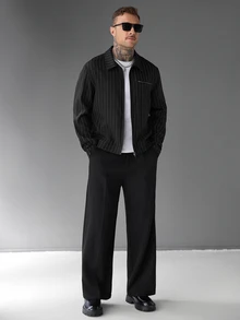 SLATEMANN Jaket Pria Lengan Panjang Hitam Kerah Lipat Bergaris dengan Resleting untuk Musim Gugur/Dingin, Cocok untuk Halloween, Natal, dan Hari Libur Lainnya - Hitam - View 3
