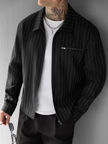 SLATEMANN Jaket Pria Lengan Panjang Hitam Kerah Lipat Bergaris dengan Resleting untuk Musim Gugur/Dingin, Cocok untuk Halloween, Natal, dan Hari Libur Lainnya - Hitam - View 5