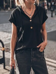 Elafinee 女士夏季純色鈕扣裝飾蝙蝠袖休閒泡泡格紋帽T恤 - 黑色 - 查看 1