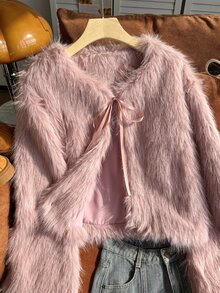 Comfortcana Plus Size Autumn/Winter Party Faux Fur Soft Pink Tie-Front Fuzzy Jacket - Baby Pink - View 7
