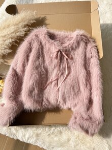 Comfortcana Plus Size Autumn/Winter Party Faux Fur Soft Pink Tie-Front Fuzzy Jacket - Baby Pink - View 5