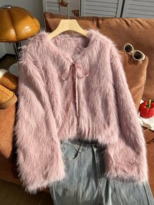 Comfortcana Plus Size Autumn/Winter Party Faux Fur Soft Pink Tie-Front Fuzzy Jacket - Baby Pink - View 3