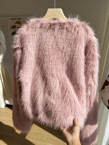 Comfortcana Plus Size Autumn/Winter Party Faux Fur Soft Pink Tie-Front Fuzzy Jacket - Baby Pink - View 4