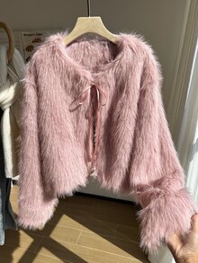 Comfortcana Plus Size Autumn/Winter Party Faux Fur Soft Pink Tie-Front Fuzzy Jacket - Baby Pink - View 2