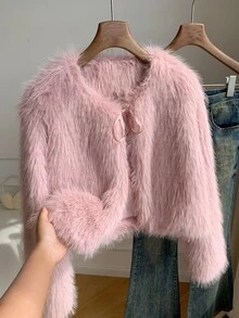 Comfortcana Plus Size Autumn/Winter Party Faux Fur Soft Pink Tie-Front Fuzzy Jacket - Baby Pink - View 1
