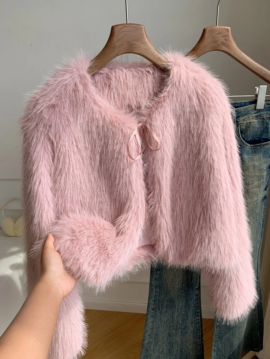 Comfortcana Plus Size Autumn/Winter Party Faux Fur Soft Pink Tie-Front Fuzzy Jacket - Baby Pink - View 1