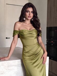 Modelyn Solid Color Pleated Design Off-Shoulder Fitted Mermaid Hem Elegant Bridesmaid Dress (Adult) - Olive Green - View 4