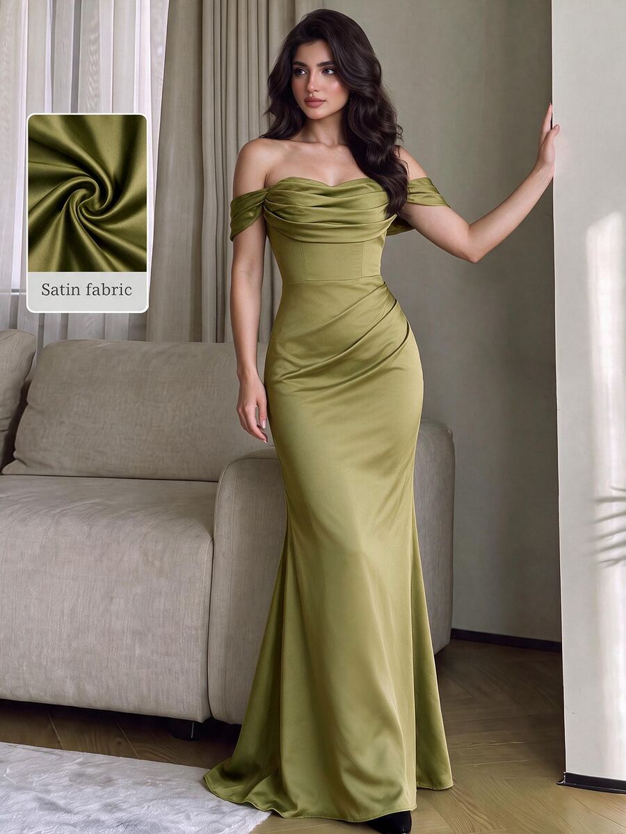 Modelyn Solid Color Pleated Design Off-Shoulder Fitted Mermaid Hem Elegant Bridesmaid Dress (Adult) - Olive Green - View 1