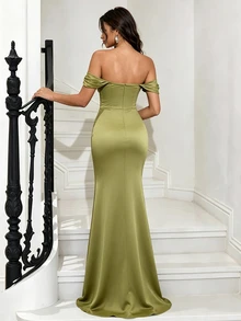 Modelyn Solid Color Pleated Design Off-Shoulder Fitted Mermaid Hem Elegant Bridesmaid Dress (Adult) - Olive Green - View 2