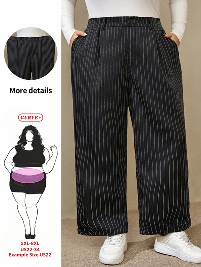 SHEIN CURVE+ Plus Size Women's Spring/Summer Fashion Casual Loose Comfortable Daily All-Match Versatile Slimming Black Striped Tapered Pants, Office Pants, Minimalist Style, Women's Bottoms, Work Pants, Outing Outfit