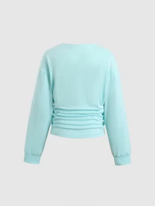SHEIN Tween Girl Fresh Mint Green Pleated Hem Design Long Sleeve Sweatshirt - Green - View 4