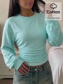 SHEIN Tween Girl Fresh Mint Green Pleated Hem Design Long Sleeve Sweatshirt - Green - View 1