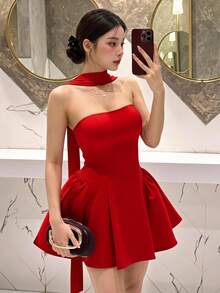 Slaydiva 2025 女款優雅紅色抹胸 A 字公主迷你洋裝，法式短款派對、生日、雞尾酒會、婚禮與夏季洋裝，紅色休閒夜店洋裝 - 櫻桃紅 - 查看 2