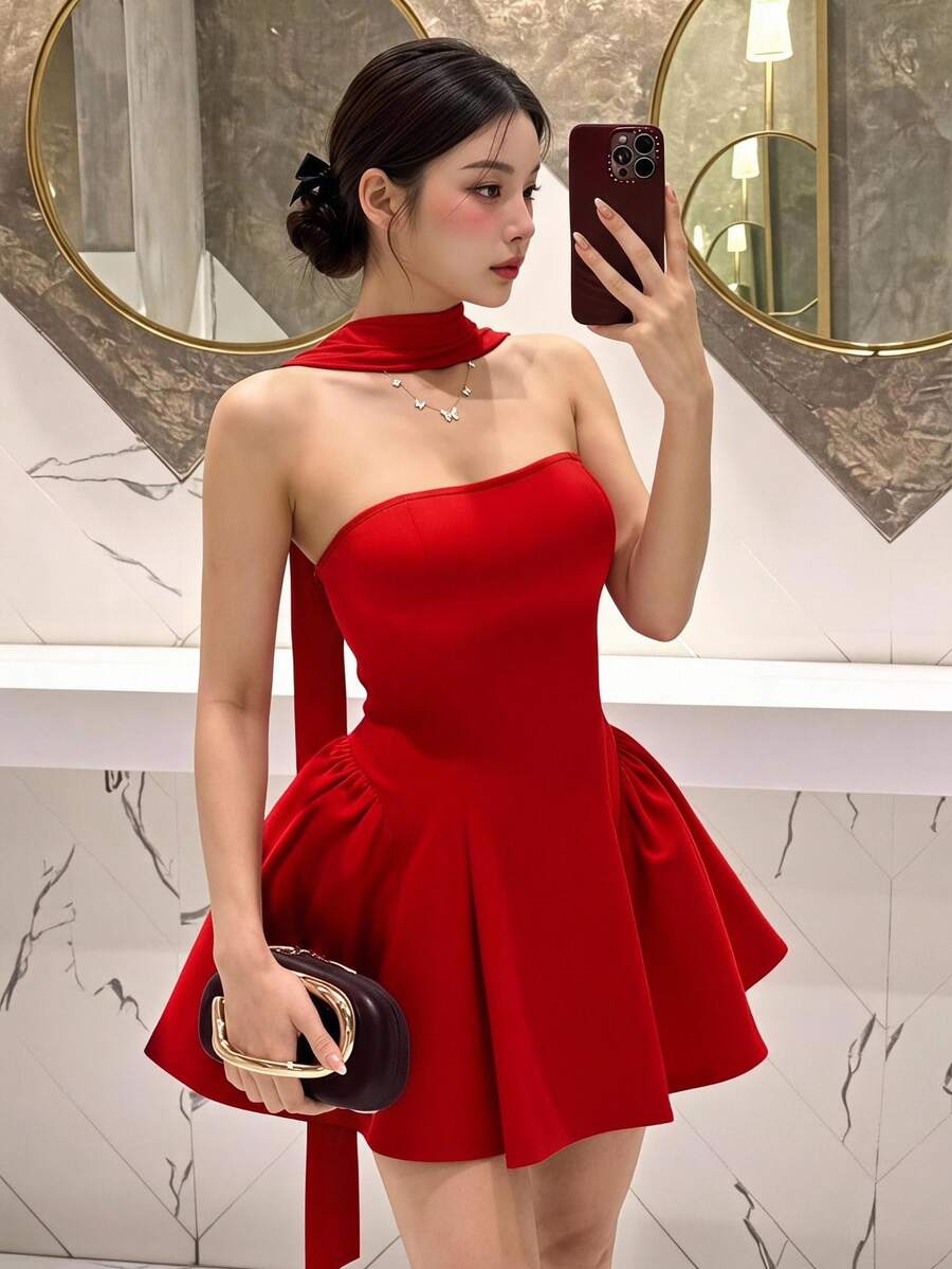 Slaydiva 2025 女款優雅紅色抹胸 A 字公主迷你洋裝，法式短款派對、生日、雞尾酒會、婚禮與夏季洋裝，紅色休閒夜店洋裝