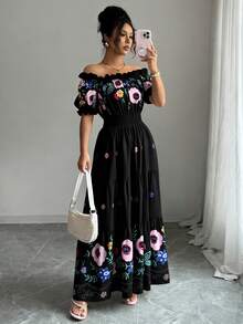 Modelyn Women's Off Shoulder Petal Sleeve Floral Print Waist Flared Romantic Elegant Casual Summer Dress - Black - View 4