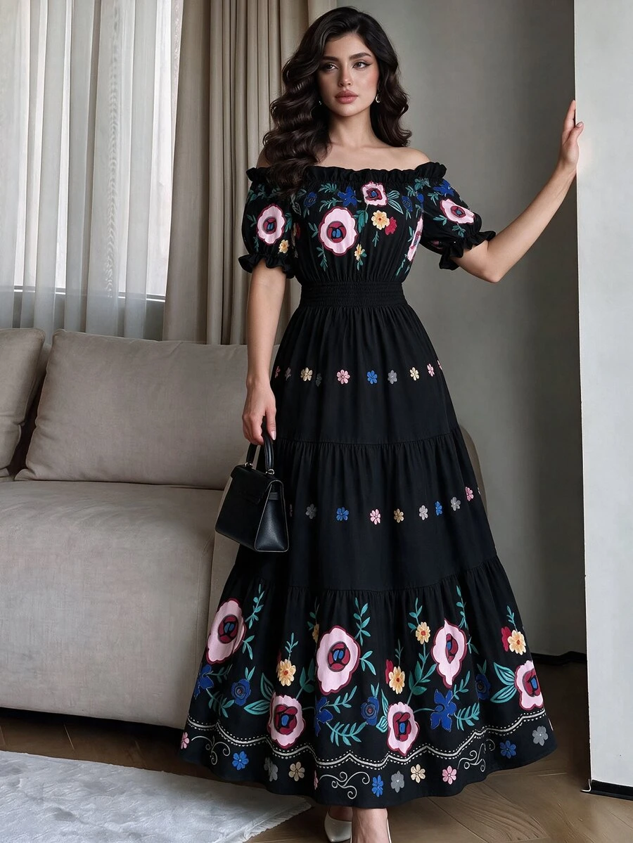Modelyn Women's Off Shoulder Petal Sleeve Floral Print Waist Flared Romantic Elegant Casual Summer Dress - Black - View 1