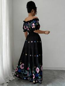 Modelyn Women's Off Shoulder Petal Sleeve Floral Print Waist Flared Romantic Elegant Casual Summer Dress - Black - View 2