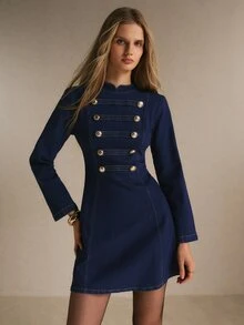 Easowa Women's A-Line Denim Mini Dress With Military Button Loop Front And Contrast Stitching - Dark Wash - View 4