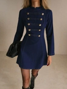 Easowa Women's A-Line Denim Mini Dress With Military Button Loop Front And Contrast Stitching - Dark Wash - View 7