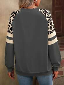 Elafinee Women's Casual Contrast Leopard Crew Neck Raglan Sleeve Pullover Sweatshirt, Spring/Autumn,Long Sleeve Top,Graduation,Teacher,Back To School Fall - Grey - View 2