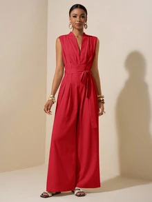 Zivah New Spring/Summer New Apricot Sleeveless Asymmetric Ruched Waist Belt Tie Textured Jumpsuit-B - Red - View 4