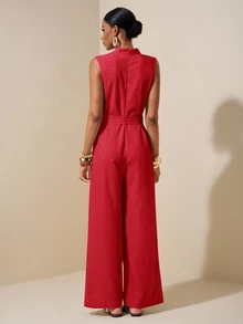 Zivah New Spring/Summer New Apricot Sleeveless Asymmetric Ruched Waist Belt Tie Textured Jumpsuit-B - Red - View 2