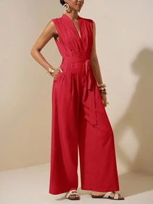 Zivah New Spring/Summer New Apricot Sleeveless Asymmetric Ruched Waist Belt Tie Textured Jumpsuit-B - Red - View 5