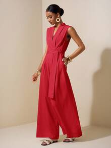 Zivah New Spring/Summer New Apricot Sleeveless Asymmetric Ruched Waist Belt Tie Textured Jumpsuit-B - Red - View 3