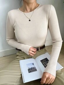 DAZY Women's Solid Color Long Sleeve Casual Business Pullover Sweater, Autumn,Long Sleeve Tops,Fall Women Clothes - Beige - View 4