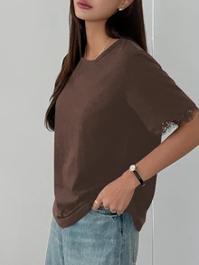 DAZY Women's Contrast Lace Loose Short Sleeve Casual T-Shirt - Brown - View 4