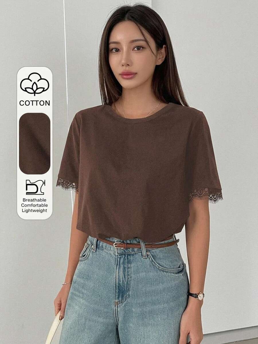 DAZY Women's Contrast Lace Loose Short Sleeve Casual T-Shirt - Brown - View 1
