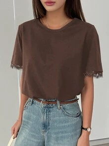 DAZY Women's Contrast Lace Loose Short Sleeve Casual T-Shirt - Brown - View 7