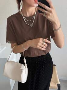 DAZY Women's Contrast Lace Loose Short Sleeve Casual T-Shirt - Brown - View 8