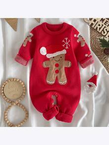 Loomiva .Kids Baby Boy Casual Christmas Gingerbread Man Christmas Snowflake Pattern 3D Design Christmas New Year Red Comfortable Autumn Winter Sweater Romper - Red - View 9