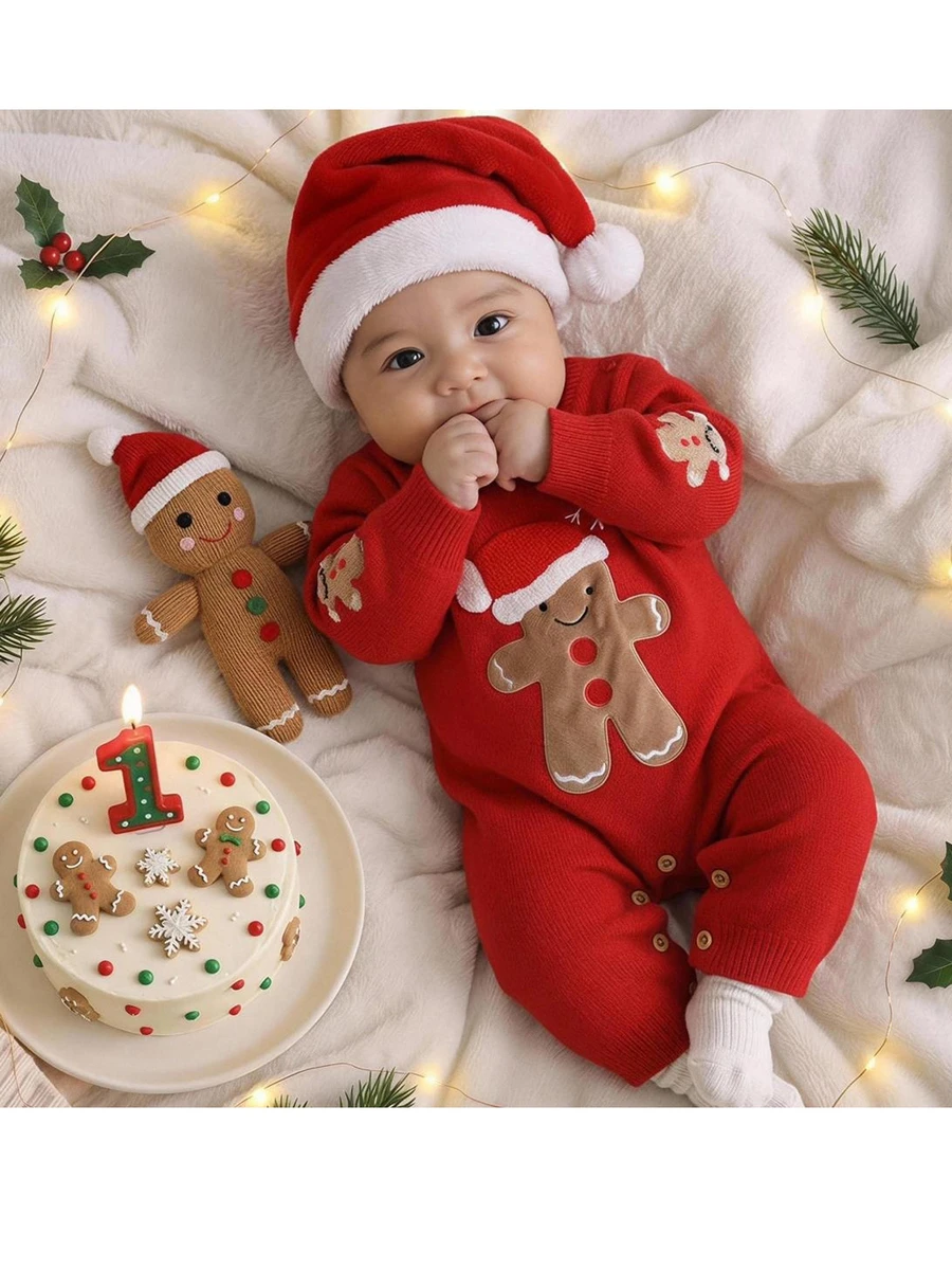 Loomiva .Kids Baby Boy Casual Christmas Gingerbread Man Christmas Snowflake Pattern 3D Design Christmas New Year Red Comfortable Autumn Winter Sweater Romper - Red - View 1