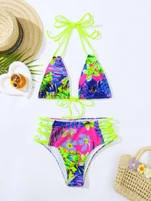 SHEIN Swim Summer Beach Tropical Print Ladder Cut-Out Halter Triangle Bikini Set - Hot Pink - View 3