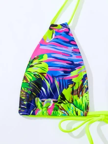 SHEIN Swim Summer Beach Tropical Print Ladder Cut-Out Halter Triangle Bikini Set - Hot Pink - View 4