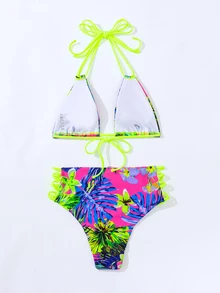 SHEIN Swim Summer Beach Tropical Print Ladder Cut-Out Halter Triangle Bikini Set - Hot Pink - View 2