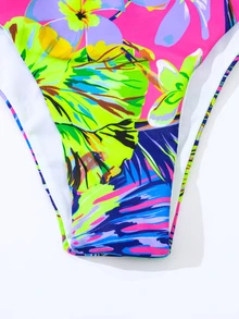 SHEIN Swim Summer Beach Tropical Print Ladder Cut-Out Halter Triangle Bikini Set - Hot Pink - View 5